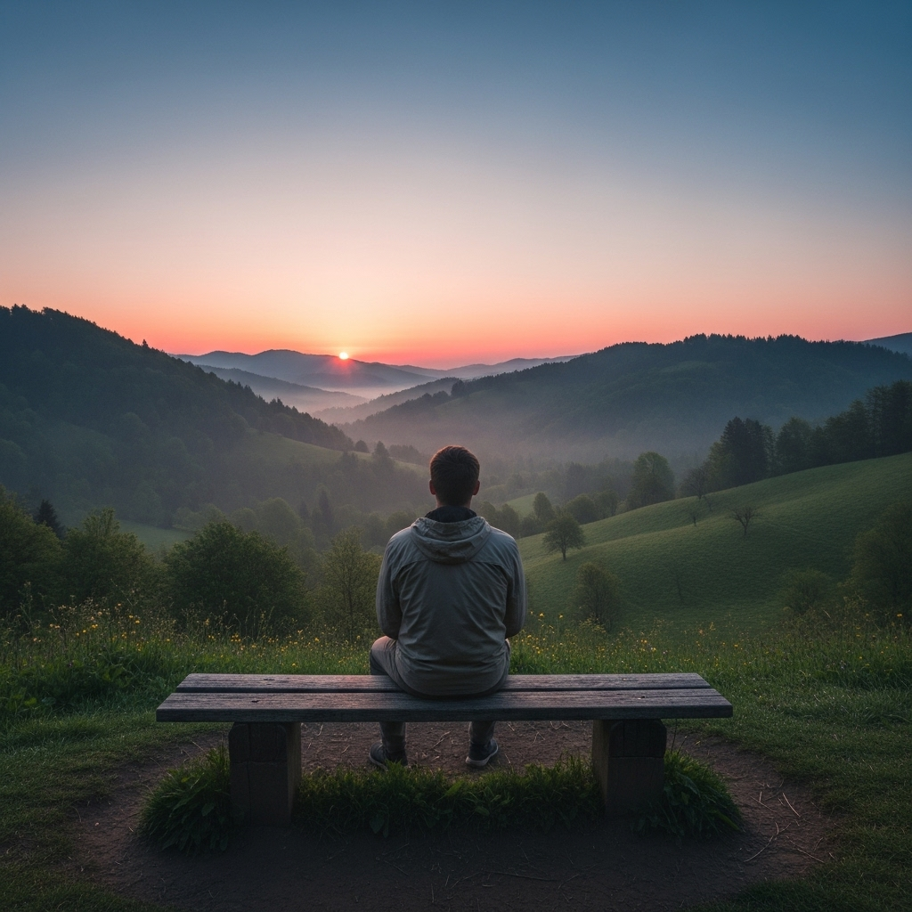 Pessoa contemplando a natureza, representando a tranquilidade de uma clínica rural